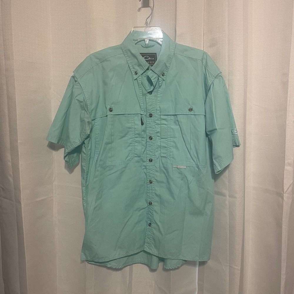 Drake Clothing Company Mens Light Teal Green Button Down Fishing Shirt Sz Small